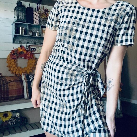 Vintage S.Roberts 1980s Shepherds check plaid floral front tie mini dress - Picture 2 of 11